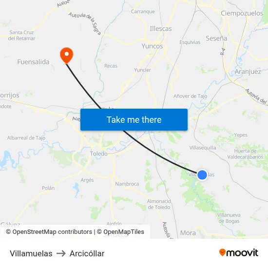 Villamuelas to Arcicóllar map
