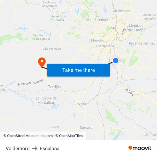 Valdemoro to Escalona map