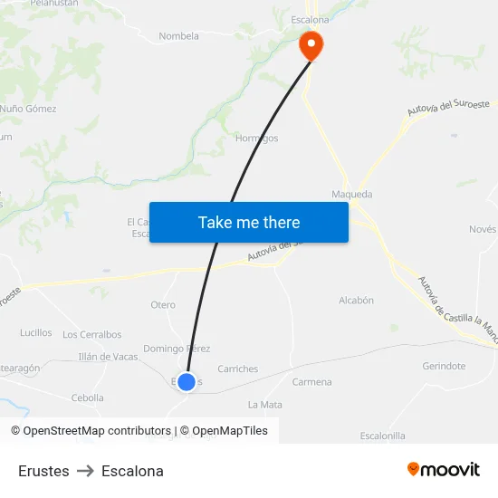 Erustes to Escalona map