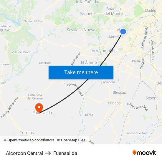 Alcorcón Central to Fuensalida map