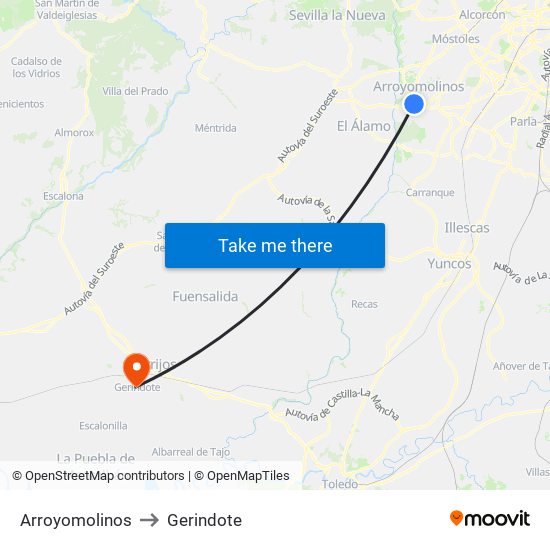 Arroyomolinos to Gerindote map