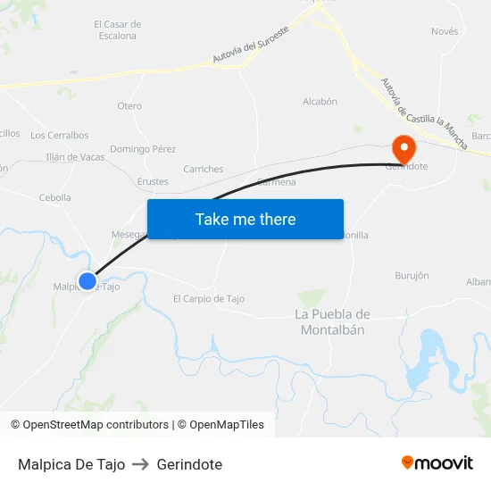 Malpica De Tajo to Gerindote map