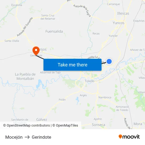 Mocejón to Gerindote map