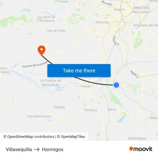 Villasequilla to Hormigos map