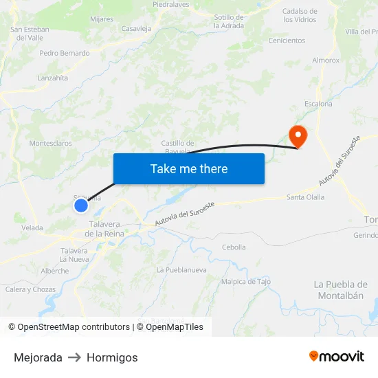 Mejorada to Hormigos map