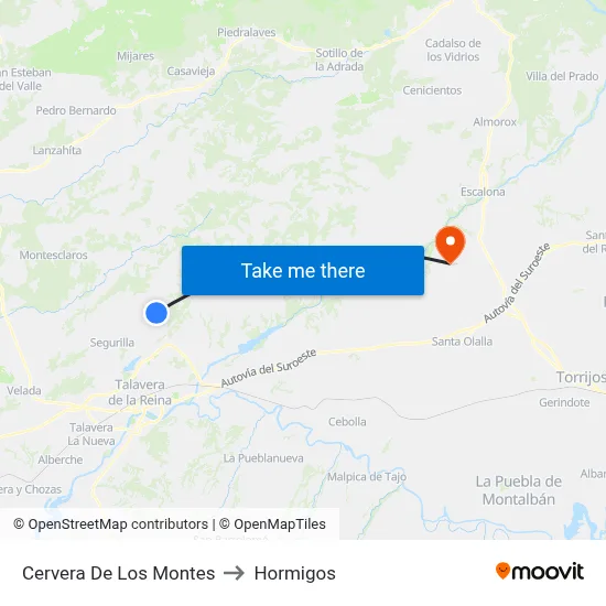 Cervera De Los Montes to Hormigos map
