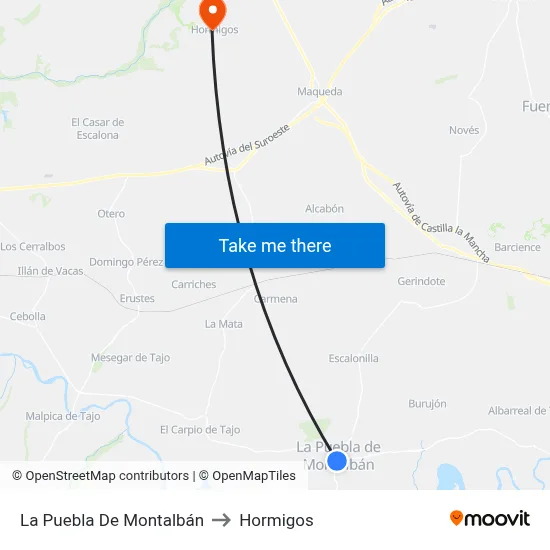 La Puebla De Montalbán to Hormigos map