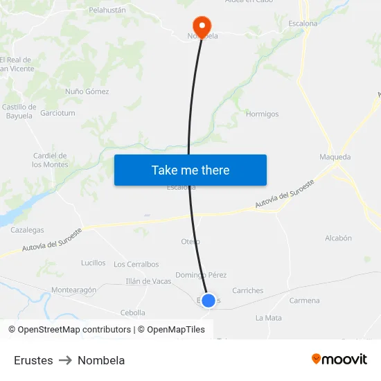 Erustes to Nombela map