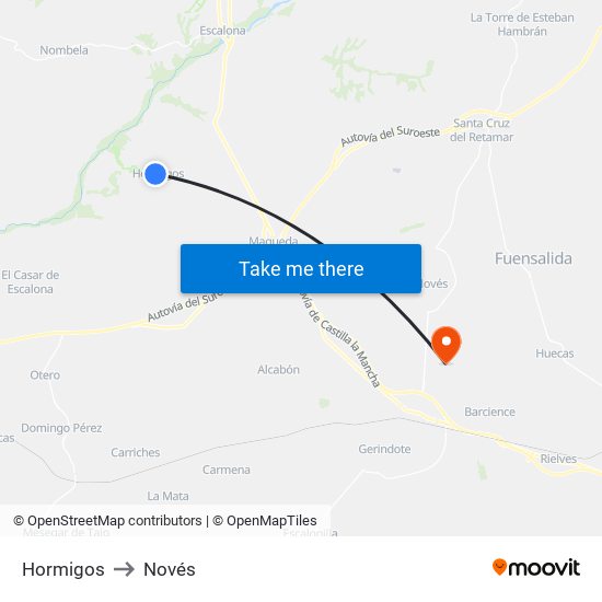 Hormigos to Novés map