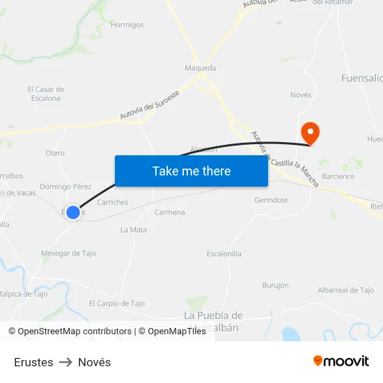 Erustes to Novés map