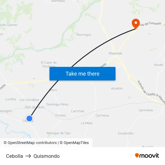 Cebolla to Quismondo map