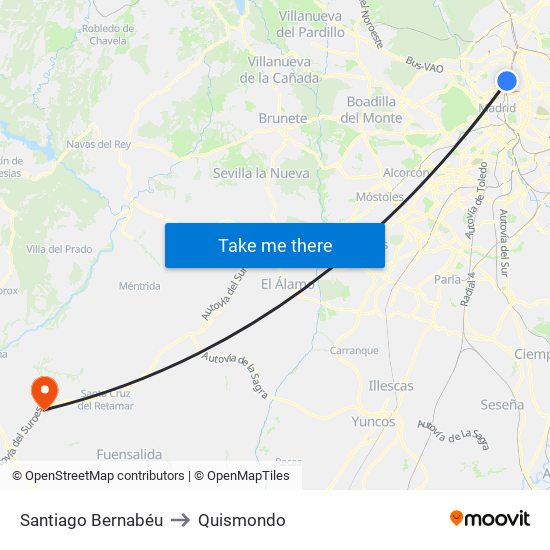 Santiago Bernabéu to Quismondo map
