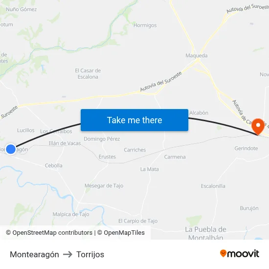 Montearagón to Torrijos map
