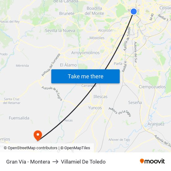 Gran Vía - Montera to Villamiel De Toledo map