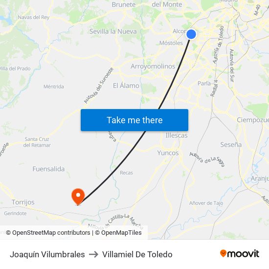 Joaquín Vilumbrales to Villamiel De Toledo map