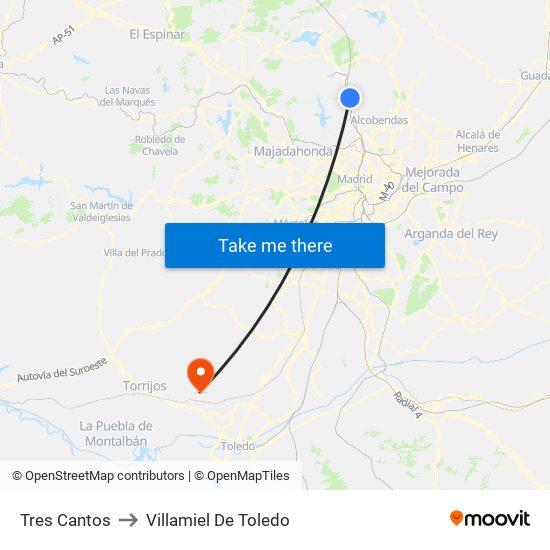 Tres Cantos to Villamiel De Toledo map