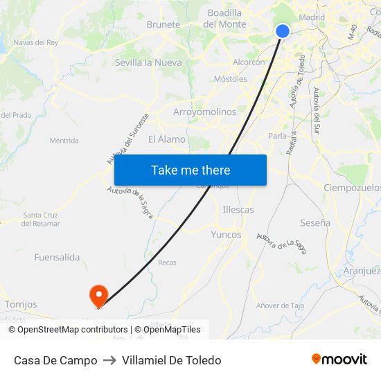 Casa De Campo to Villamiel De Toledo map