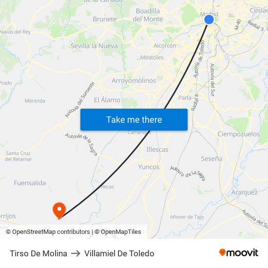 Tirso De Molina to Villamiel De Toledo map