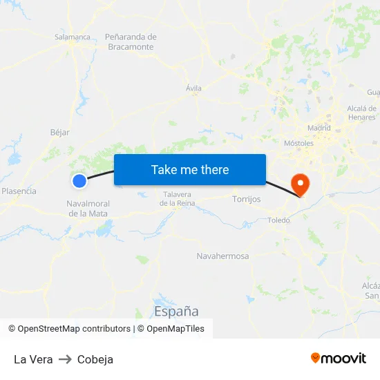 La Vera to Cobeja map