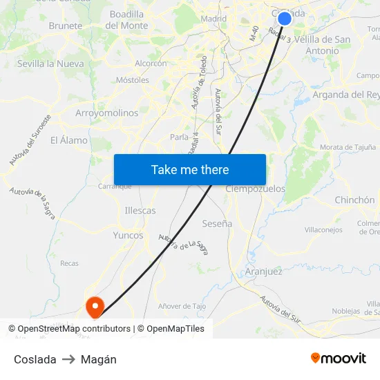 Coslada to Magán map