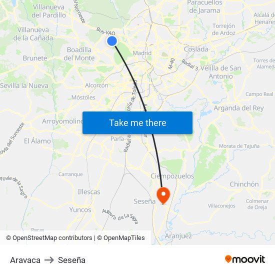 Aravaca to Seseña map