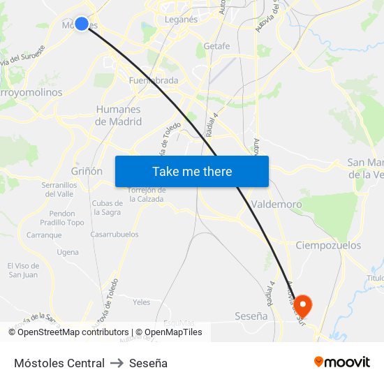 Móstoles Central to Seseña map