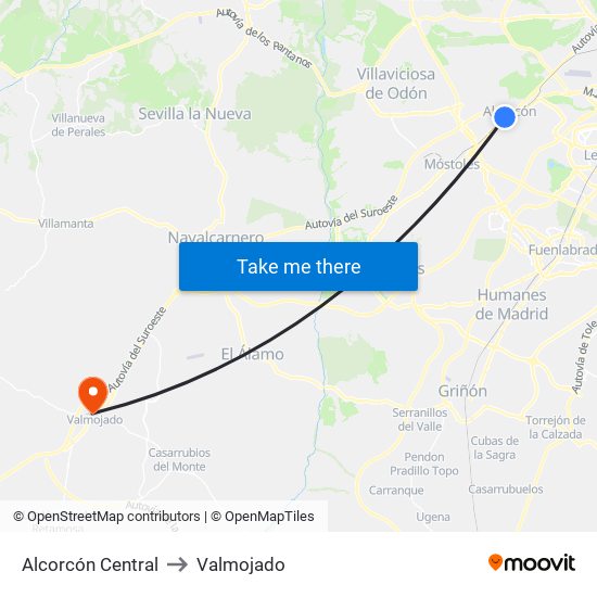 Alcorcón Central to Valmojado map