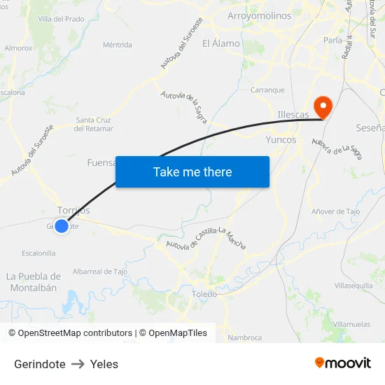 Gerindote to Yeles map