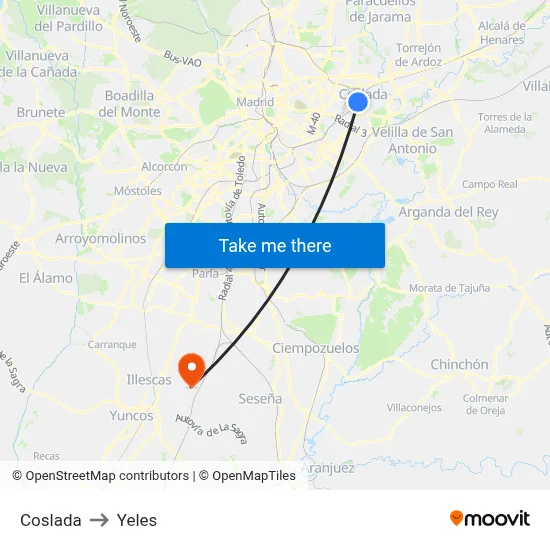 Coslada to Yeles map