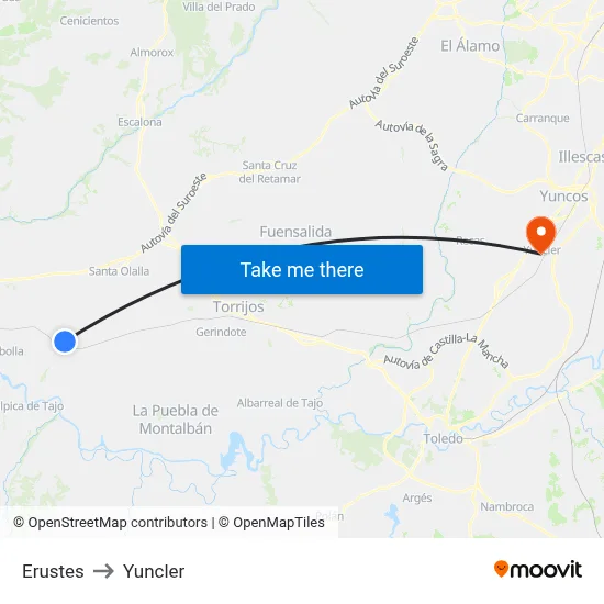 Erustes to Yuncler map