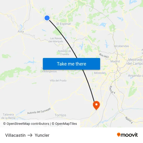 Villacastín to Yuncler map