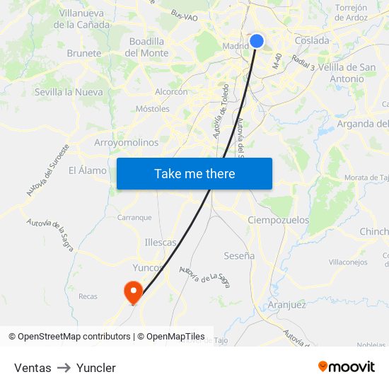 Ventas to Yuncler map