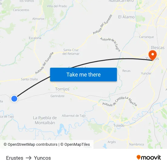 Erustes to Yuncos map