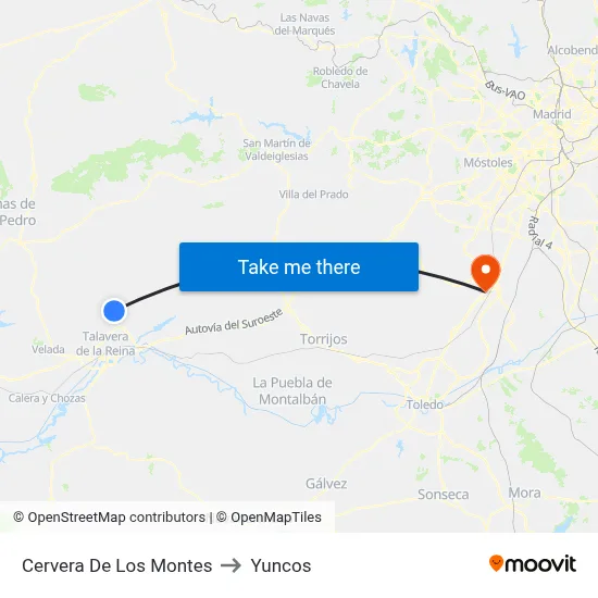 Cervera De Los Montes to Yuncos map
