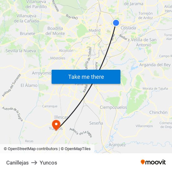 Canillejas to Yuncos map