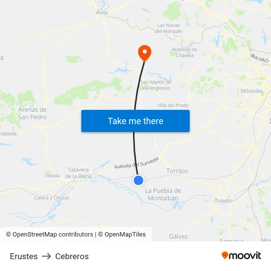 Erustes to Cebreros map