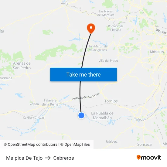 Malpica De Tajo to Cebreros map