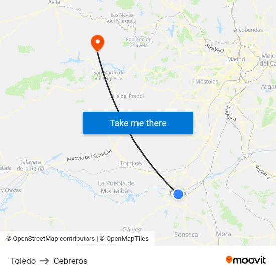 Toledo to Cebreros map