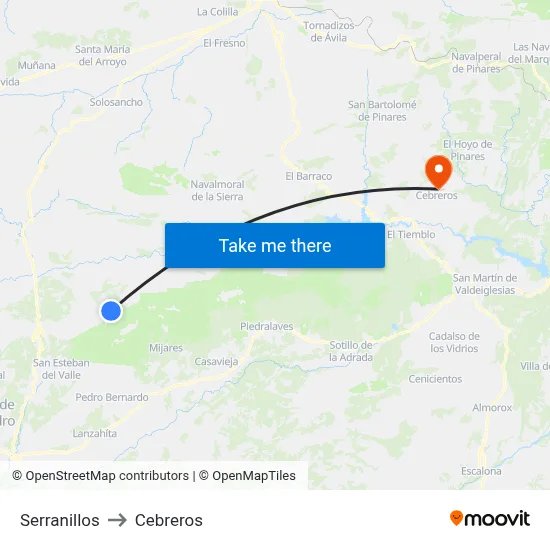 Serranillos to Cebreros map