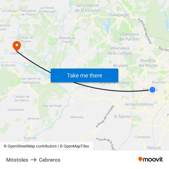 Móstoles to Cebreros map