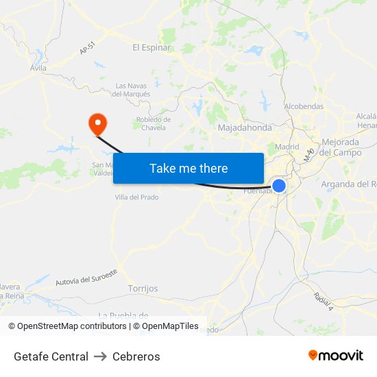 Getafe Central to Cebreros map
