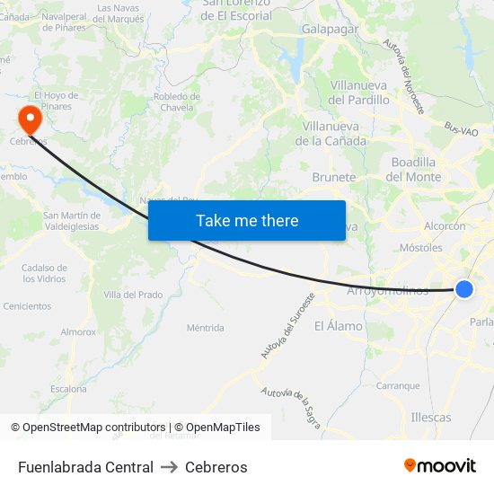Fuenlabrada Central to Cebreros map
