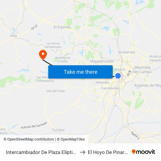 Intercambiador De Plaza Elíptica to El Hoyo De Pinares map