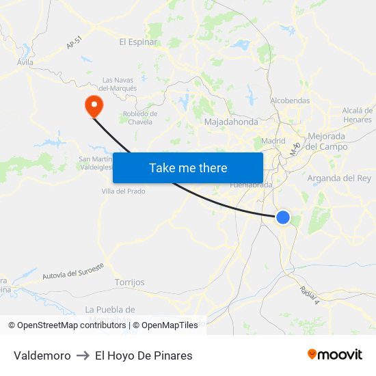Valdemoro to El Hoyo De Pinares map