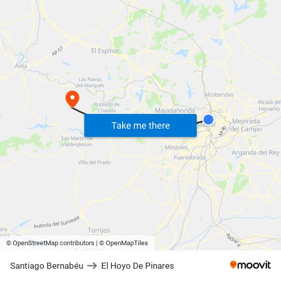 Santiago Bernabéu to El Hoyo De Pinares map
