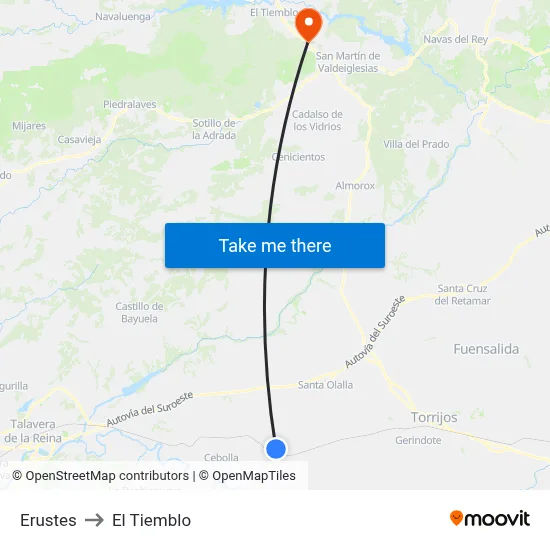 Erustes to El Tiemblo map