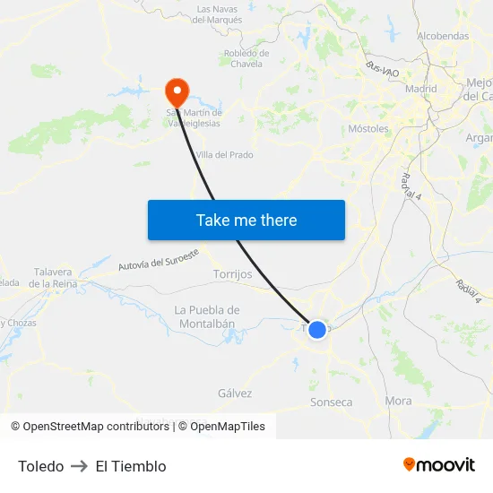 Toledo to El Tiemblo map