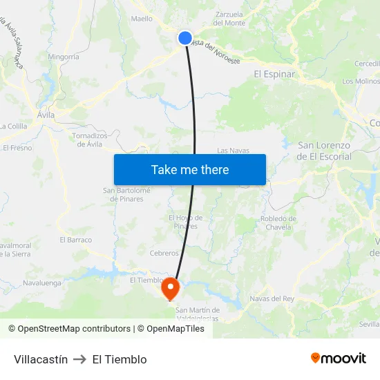 Villacastín to El Tiemblo map