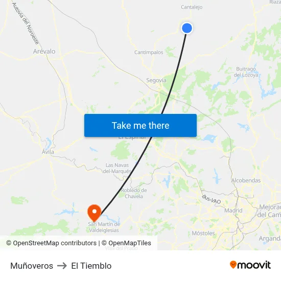 Muñoveros to El Tiemblo map