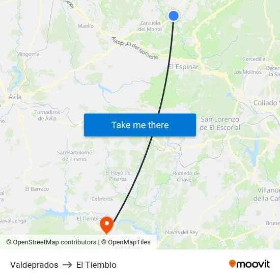 Valdeprados to El Tiemblo map